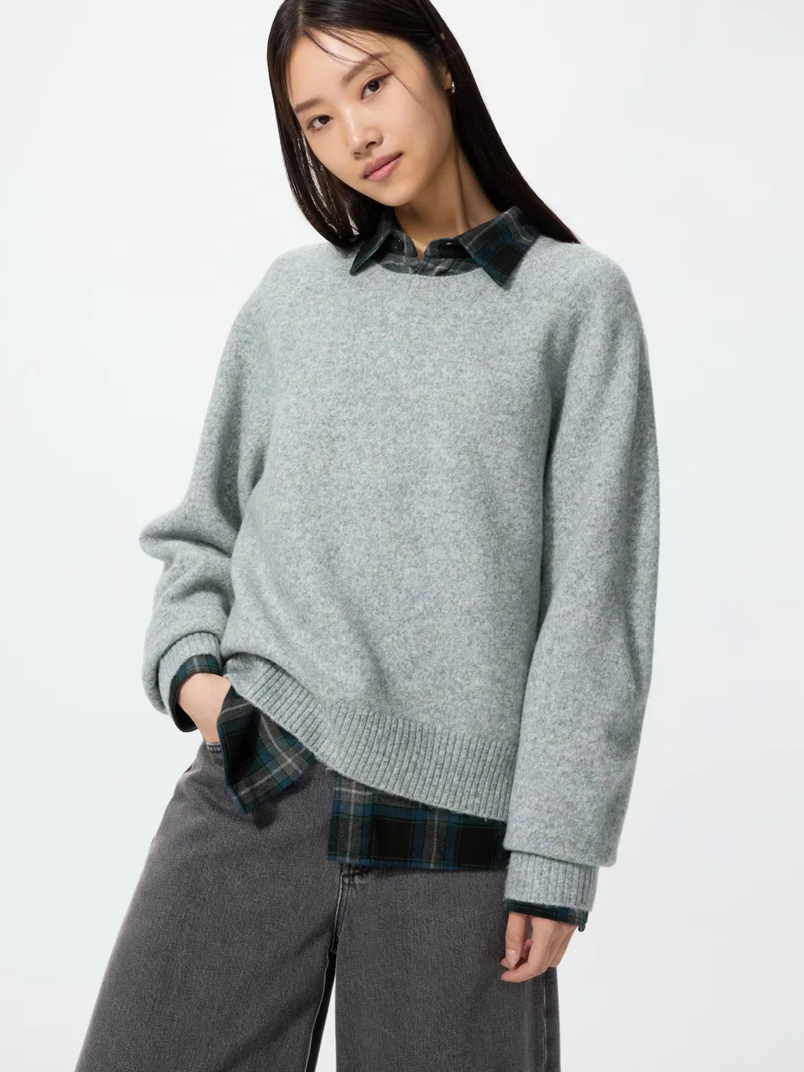 Свитер Uniqlo, свитер с круглым вырезом из пряжи «суфле», серый