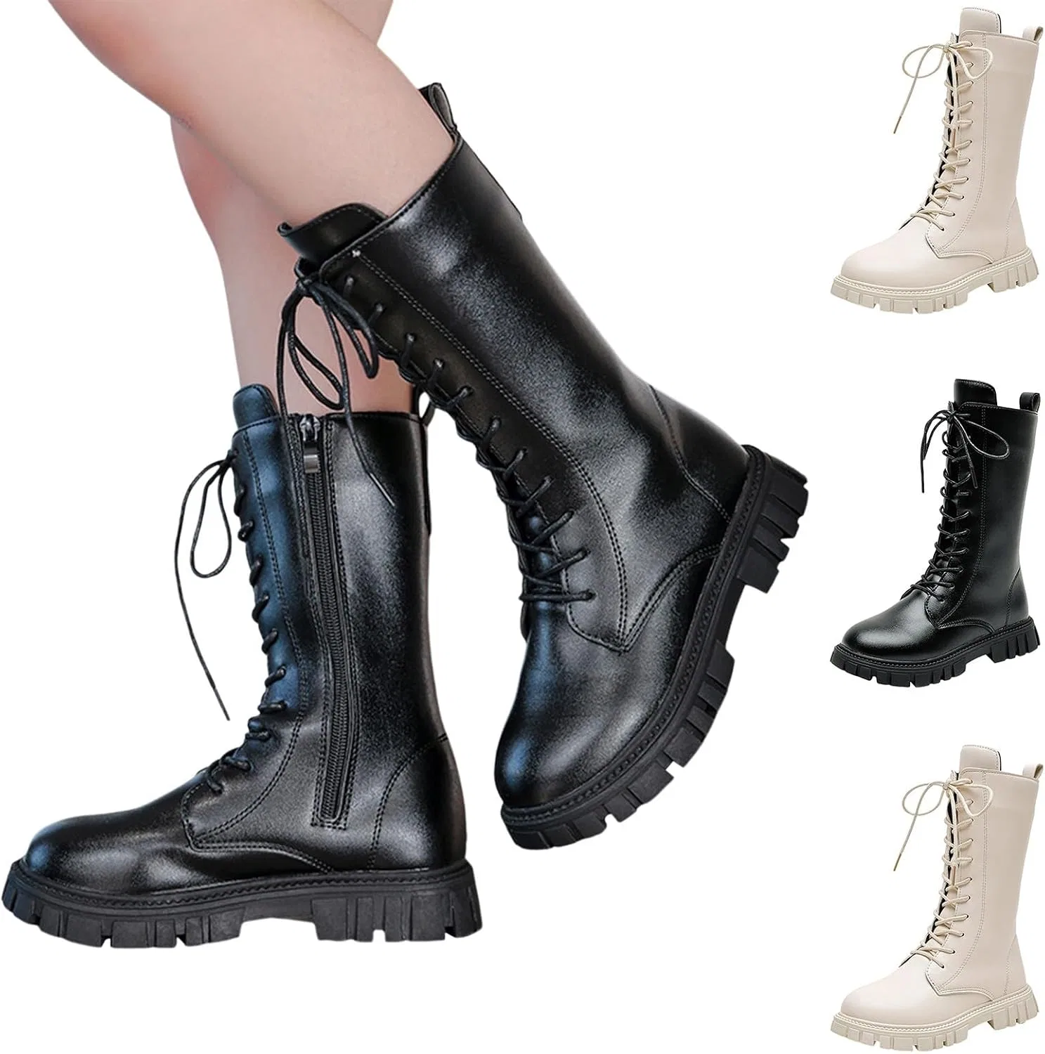 Детские ботинки для девочек на шнуровке с боковой молнией Combat Boots, White — фото 4