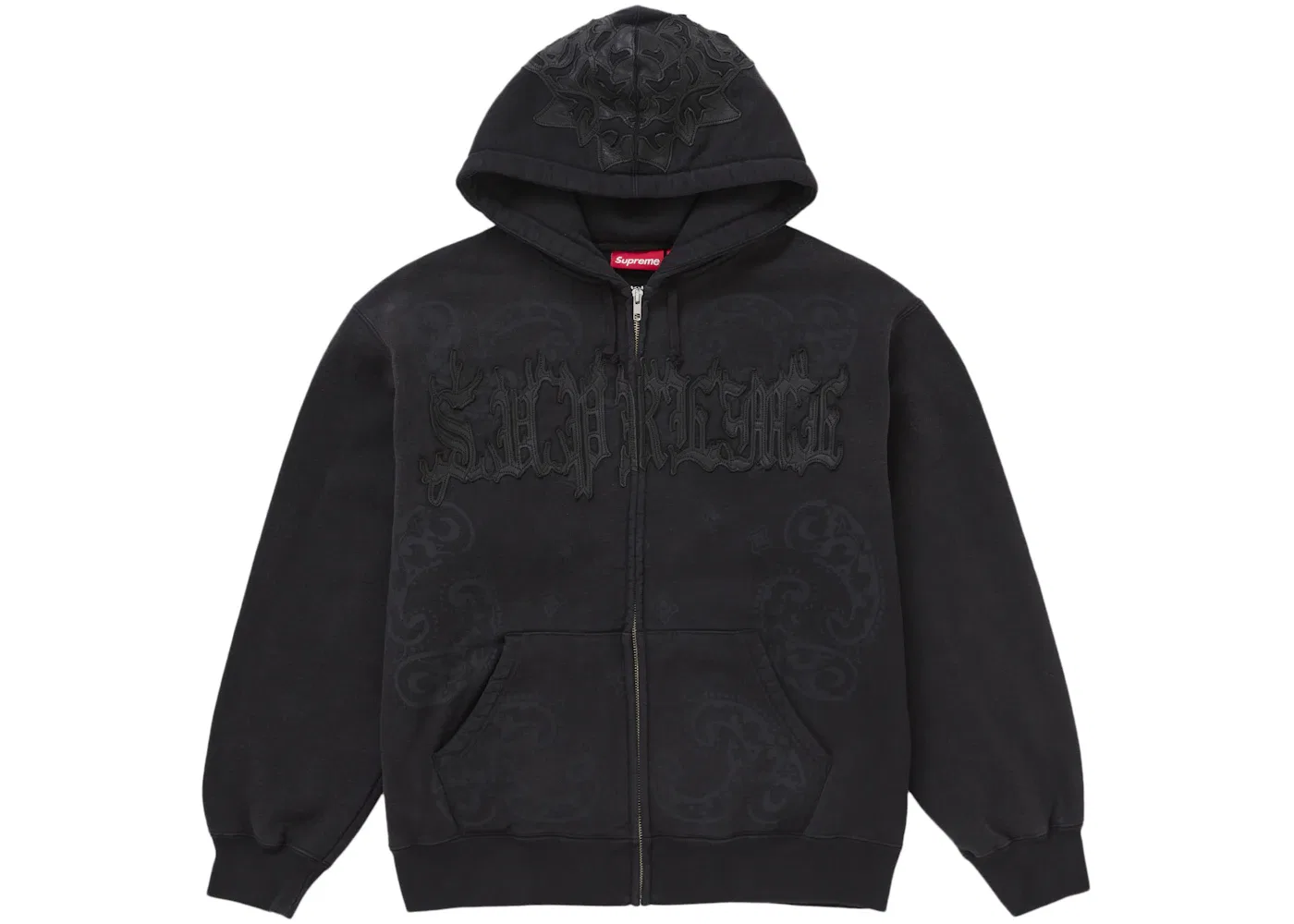 Мужская худи на молнии с кожаной аппликацией Supreme, Black