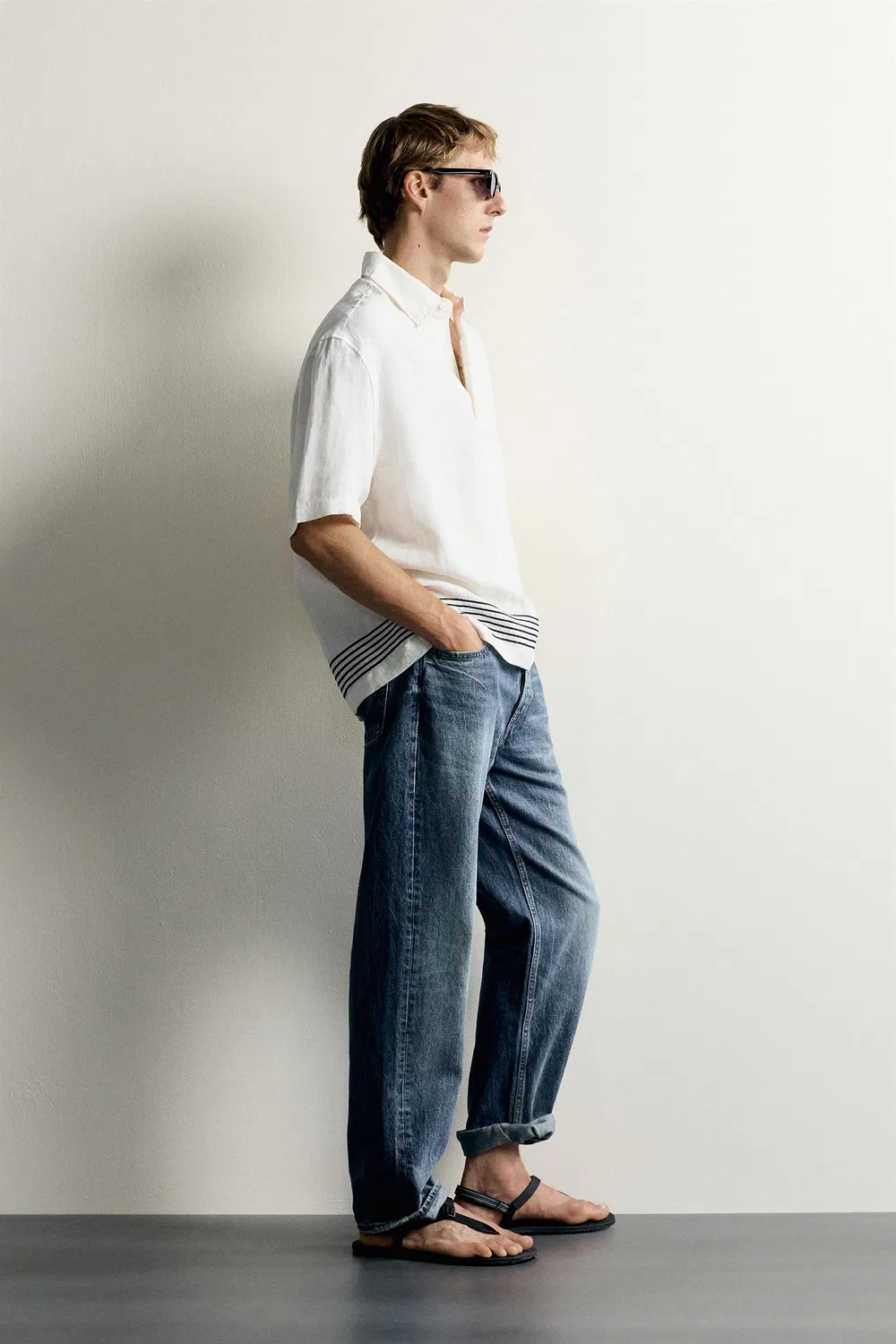 Полосатая рубашка-поло из 100% льна ZARA, Ecru — фото 4