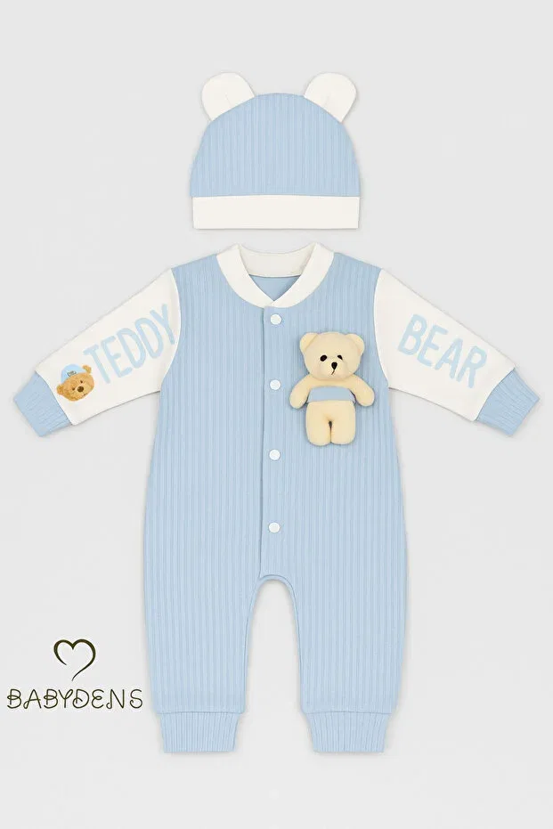 Детское боди-комбинезон для новорожденных с принтом Teddy Bear Themed Newborn Ribbed Romper Set with Teddy Bear Baby Romper and Hat Set Babyden'S, Blue — фото 3