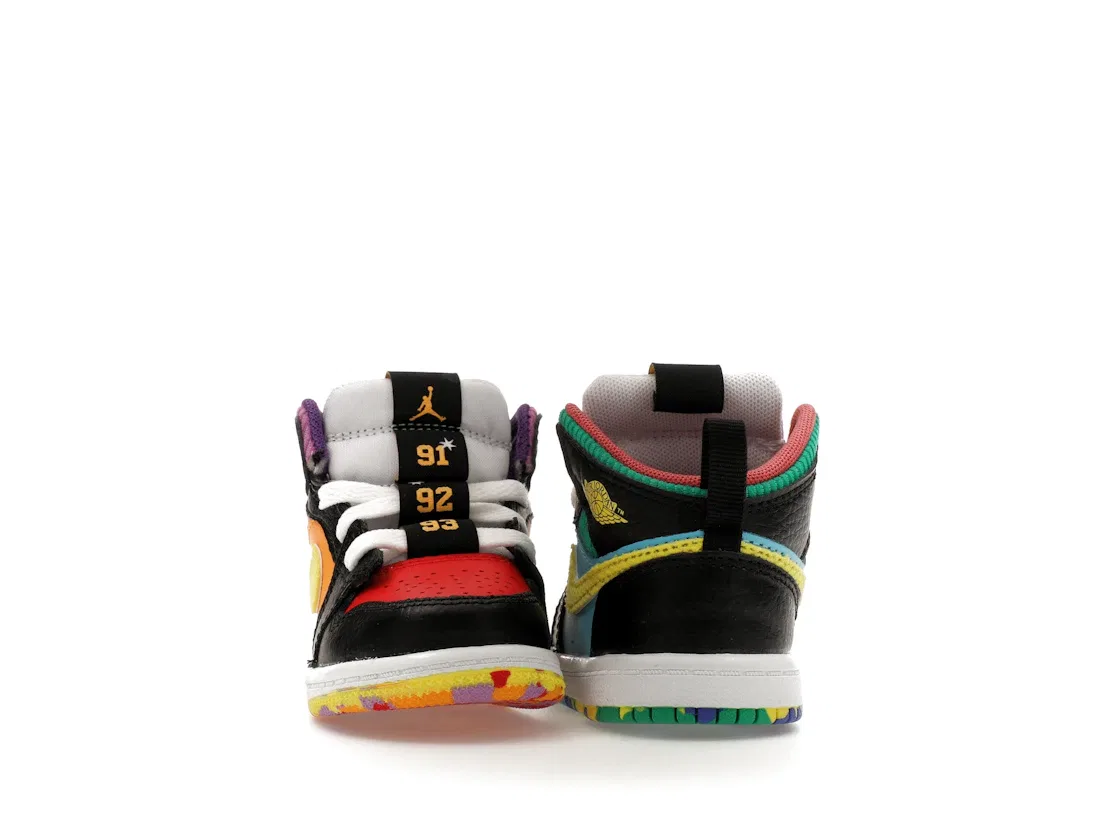 Детские кроссовки с высоким берцем Jordan 1 Mid SS Six Championships Jordan, Black/Opti Yellow/University Red/Light Ultramarine/Sundial/Baltic Blue — фото 2