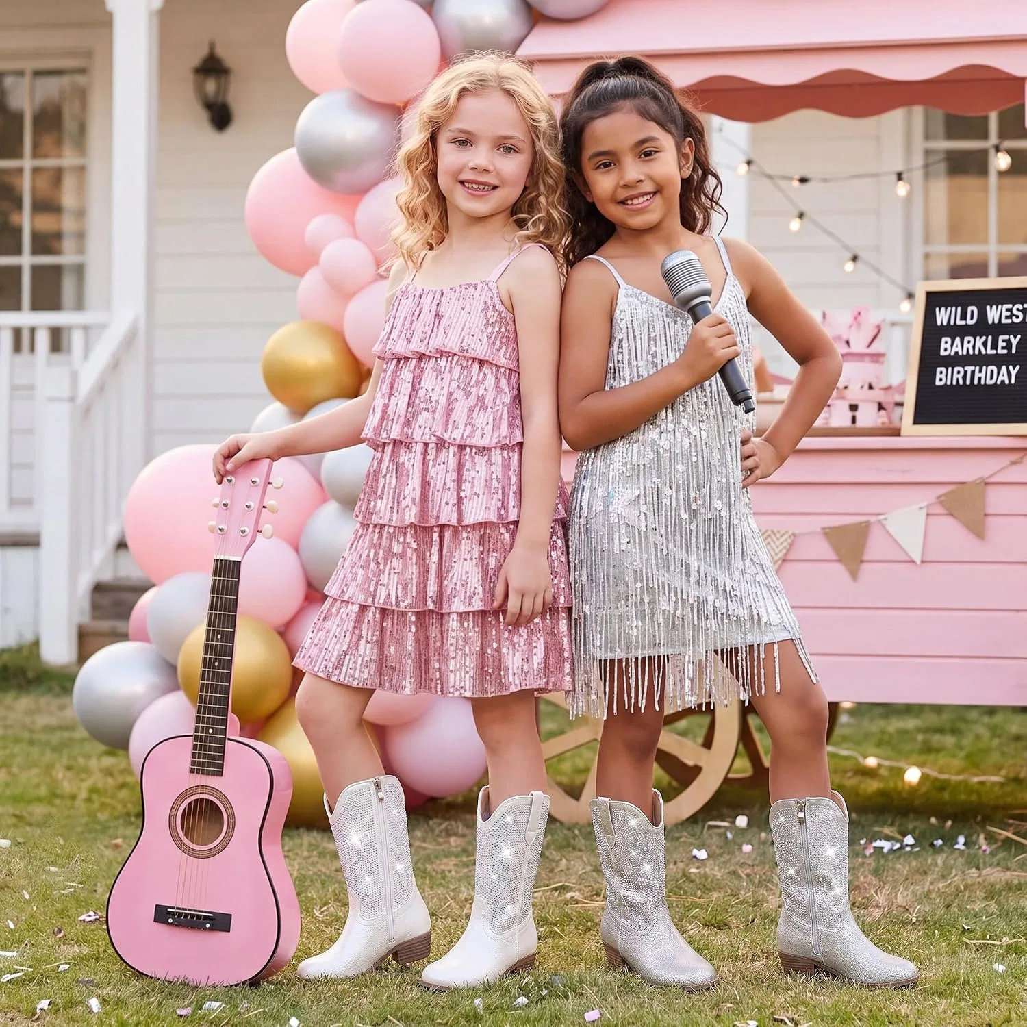 Детские сапоги для девочек с принтом Rhinestone Girls Cowboy Boots Motasha, White — фото 2