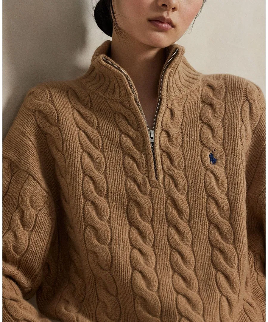 Свитер из кабельной вязки с полузастежкой-молнией Polo Ralph Lauren, Collection Camel Melange — фото 3