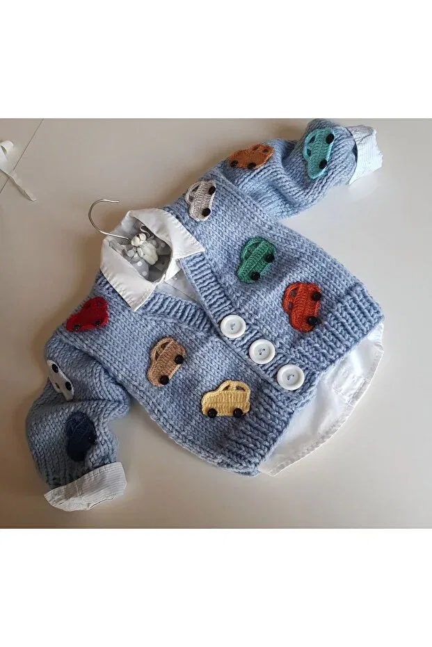 Детский кардиган с принтом Hand Knitted Car-Themed Baby Kids Cardigan El Örgüsü, Blue
