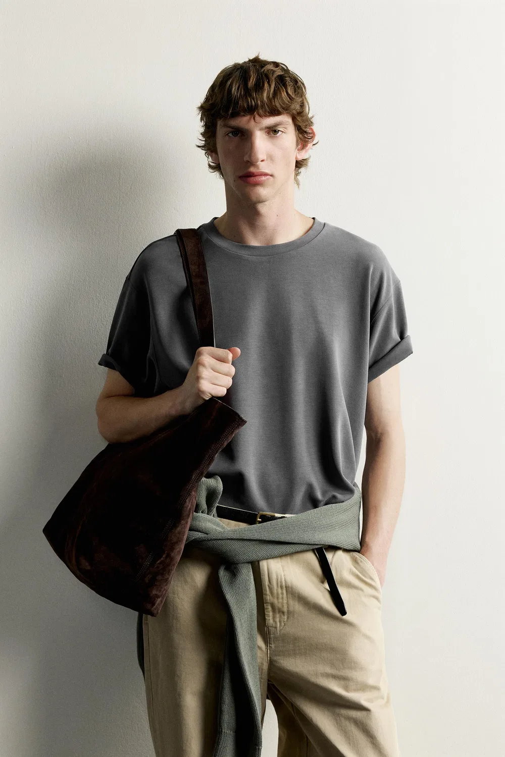 Мягкая футболка свободного кроя ZARA, Mid-grey — фото 2