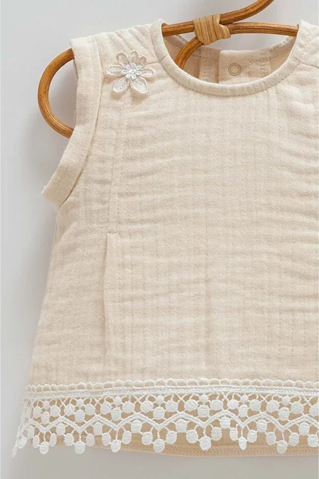 Детский комплект для девочек хлопковый Smile skirted muslin top and bottom set Caramell, Beige — фото 2