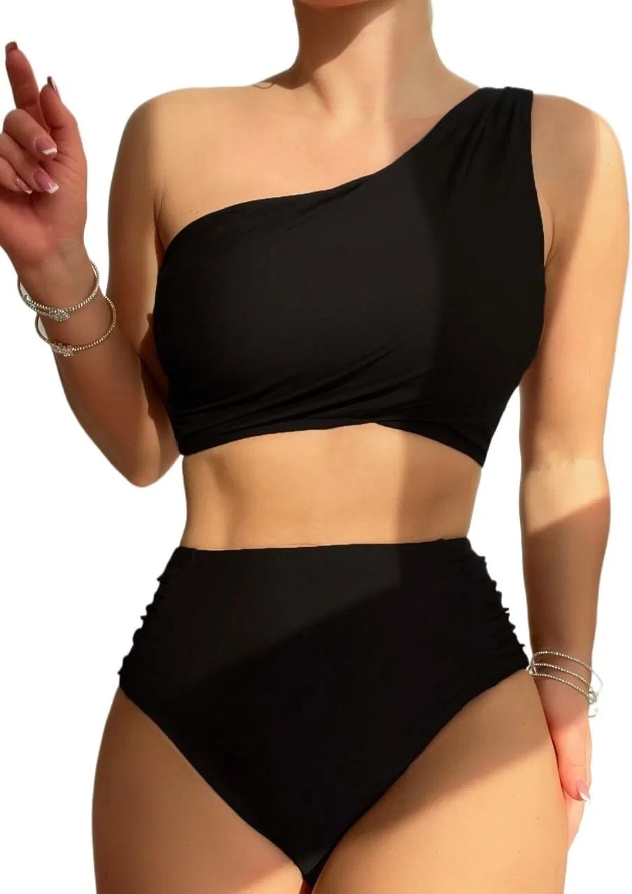 Женский купальный костюм с завышенной талией и драпировкой, Black