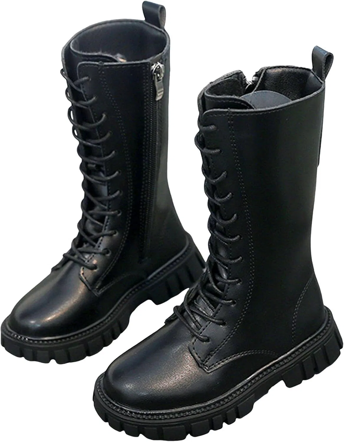 Детские ботинки для девочек на шнуровке с боковой молнией White Combat Boots, Black