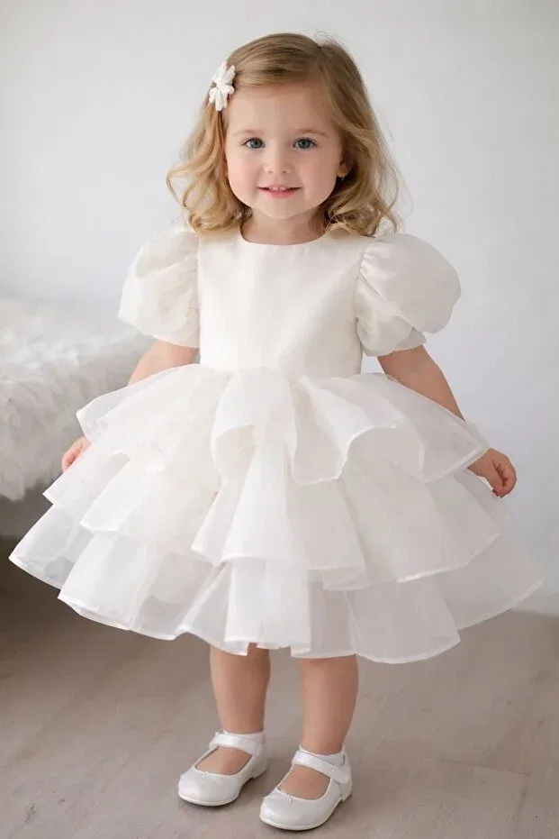 Детское платье для девочек с коротким рукавом-фонарик Karolin'S birthday dress Prenses Tasarım Atolyesi, White
