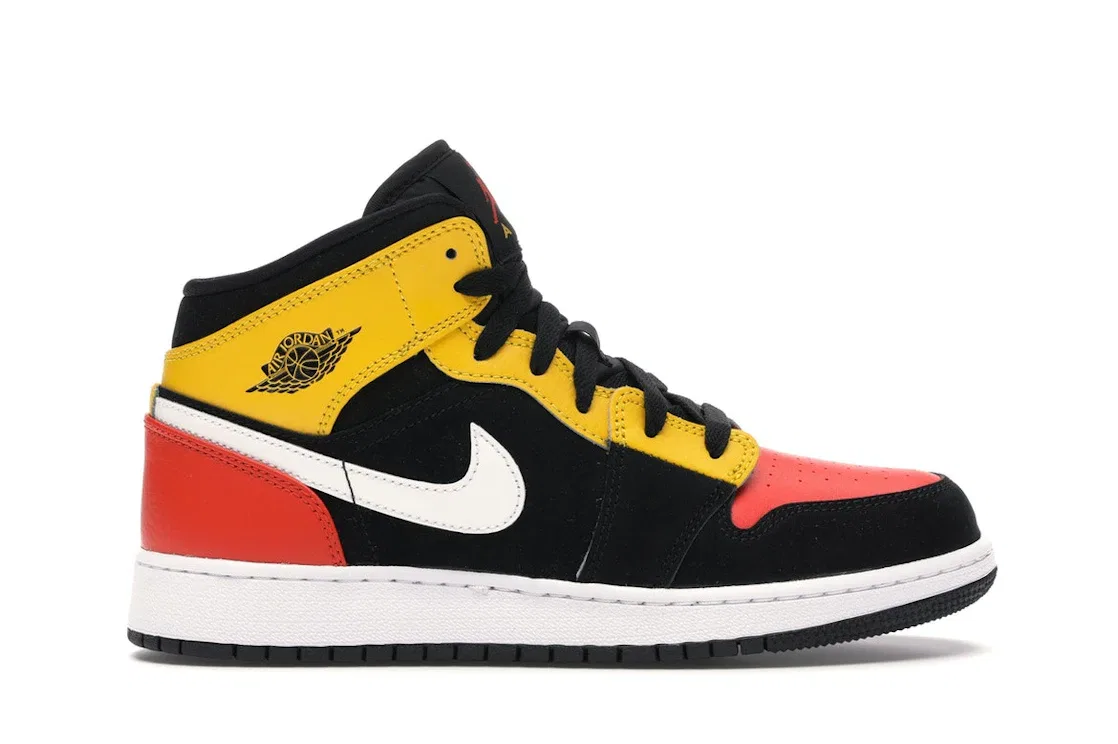 Детские кроссовки с замшевым верхом Jordan 1 Mid, Black/Amarillo-White-Team Orange