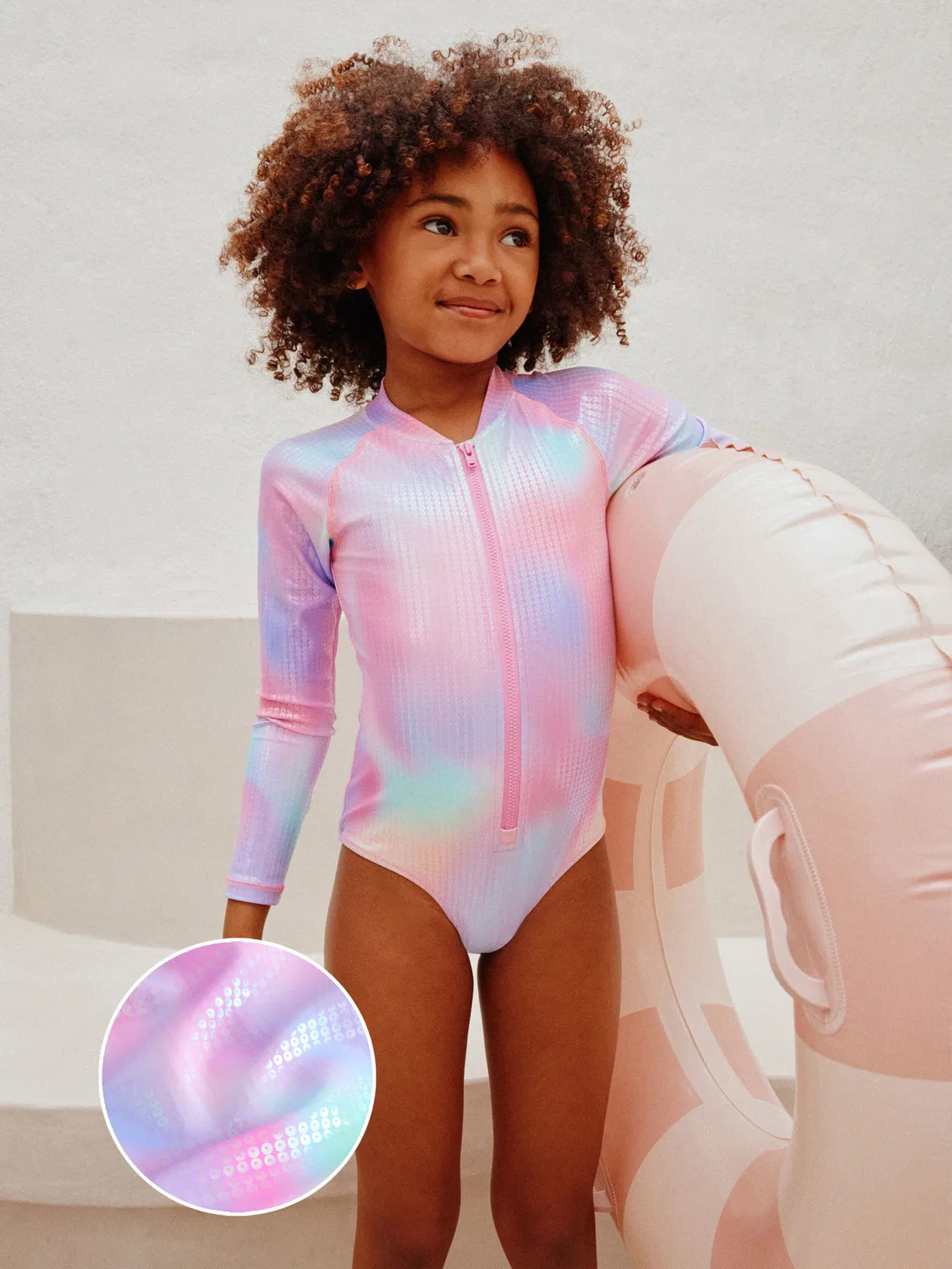 Купальник слитный с длинным рукавом и молнией, Rainbow Foil Sequin Next, Pink Rainbow Foil Sequin