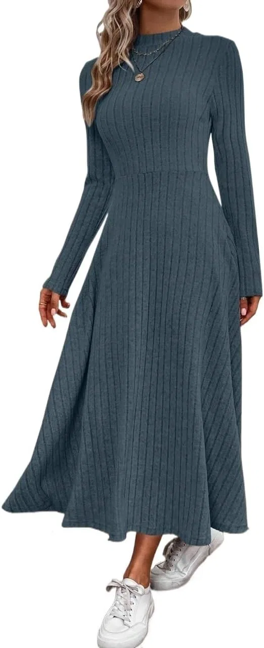 Женское платье A-силуэта с воротником-стойкой Rib-Knit, Dusty Blue