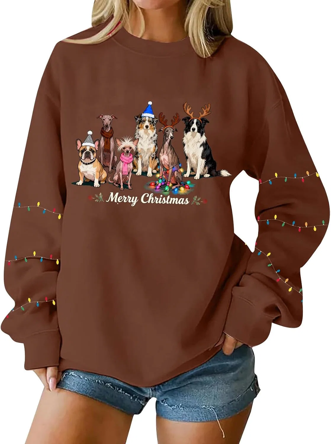 Женский свитшот с принтом Christmas Dog, коричневый