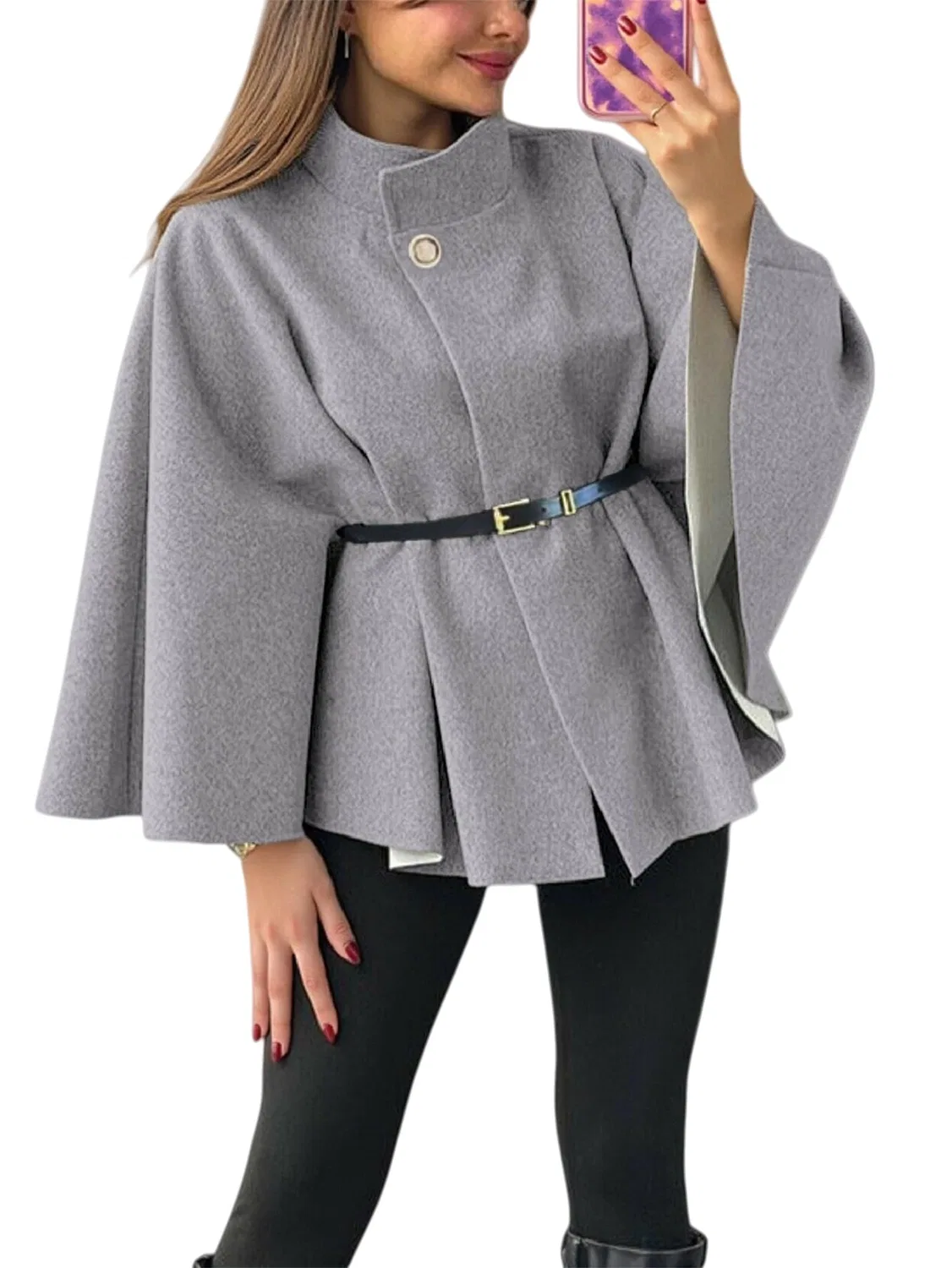 Женское пальто с поясом и высоким воротником, Grigio chiaro