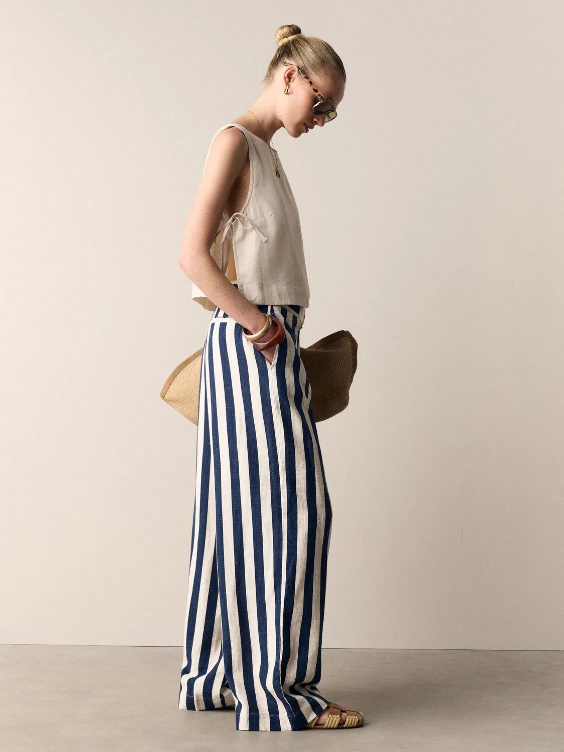 Брюки прямого кроя Linen Blend Wide Leg Trousers Next, Navy Blue/Stone Stripe