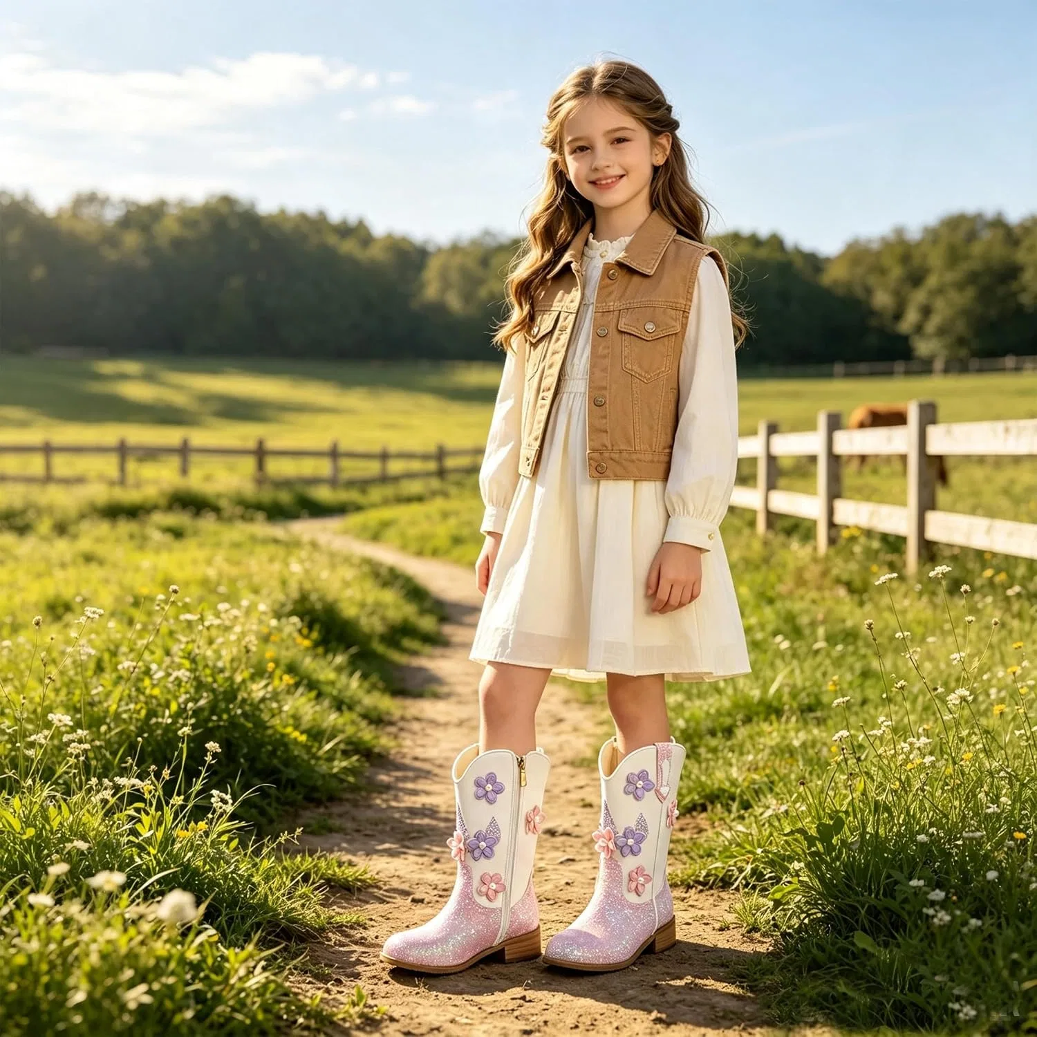 Детские сапоги для девочек с блестками Western Boots Fmiiour, White — фото 3