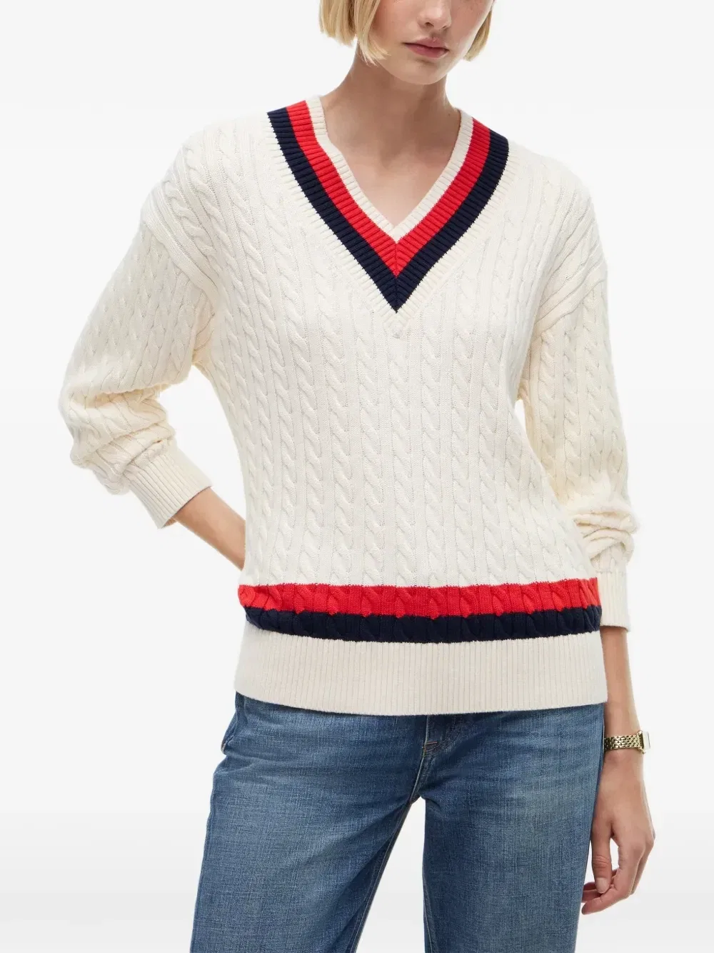 Вязаный свитер в косичку с полосатой отделкой Tommy Hilfiger, бежевый — фото 3