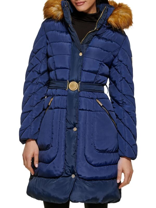 

Пуховик с поясом и отделкой из искусственного меха Guess Indigo, Синий, Пуховик с поясом и отделкой из искусственного меха Guess Indigo