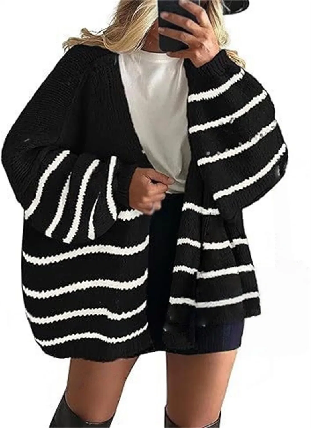 Женский удлиненный кардиган с фактурной вязкой и рукавом-фонарик, Black Stripes