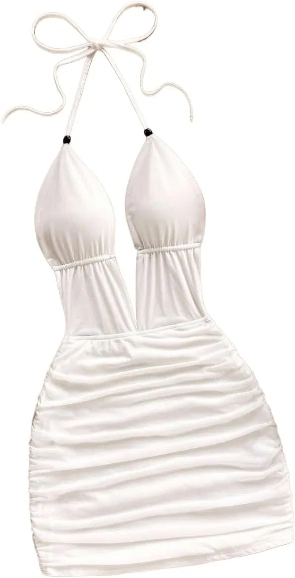 Женское мини-платье bodycon с V-образным вырезом и завязками, White — фото 4