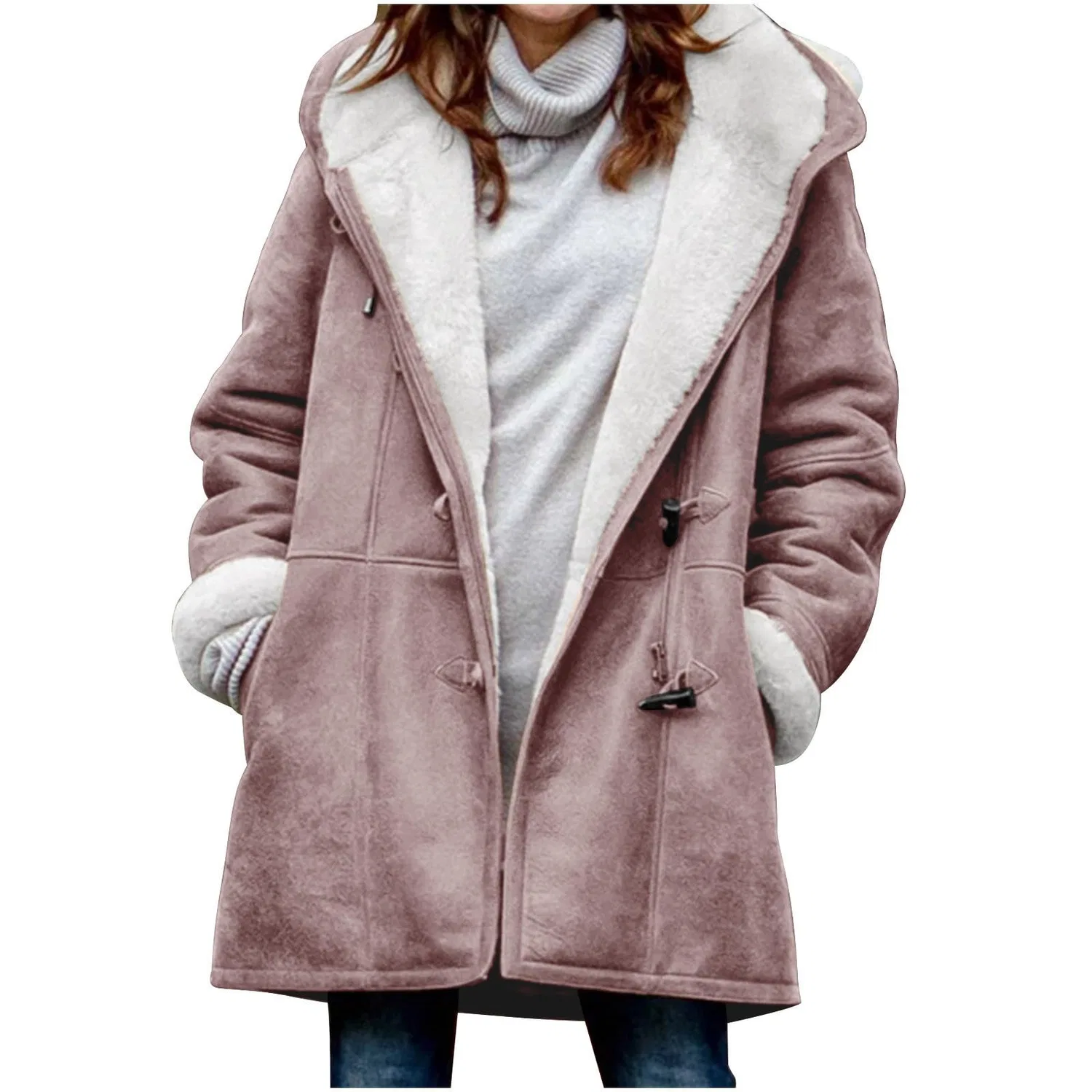 Женская куртка из флиса с капюшоном и роговыми пуговицами, 04 Pink