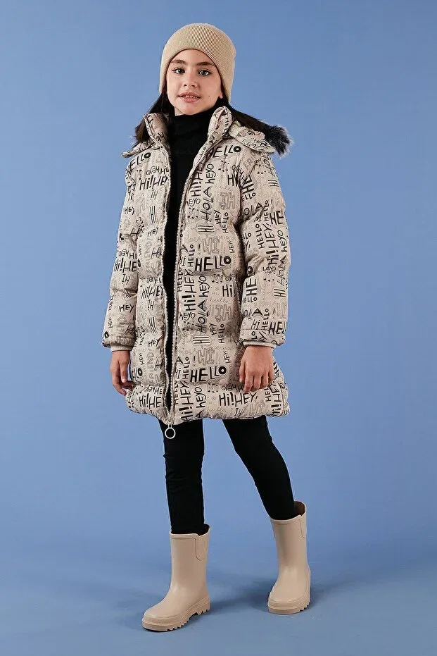 Детское зимнее пальто для девочек с принтом Faux fur text printed removable hooded plush lined winter coat girls child mon Lela, Beige — фото 2