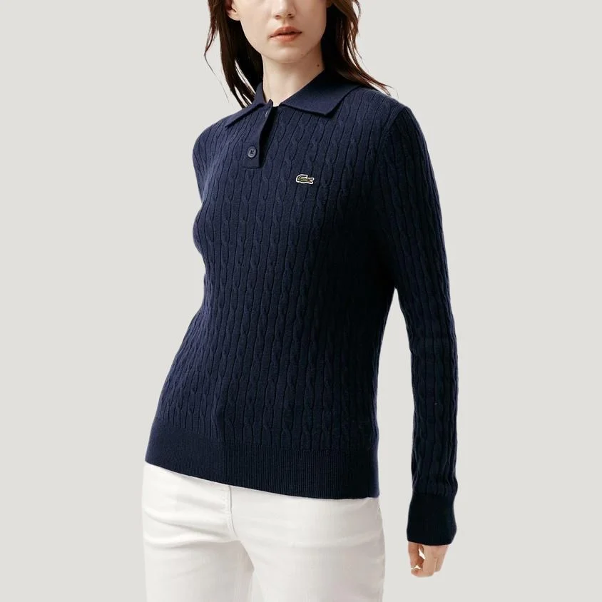 Женская футболка Lacoste, трикотажная поло с умеренным воротником, темно-синий — фото 4