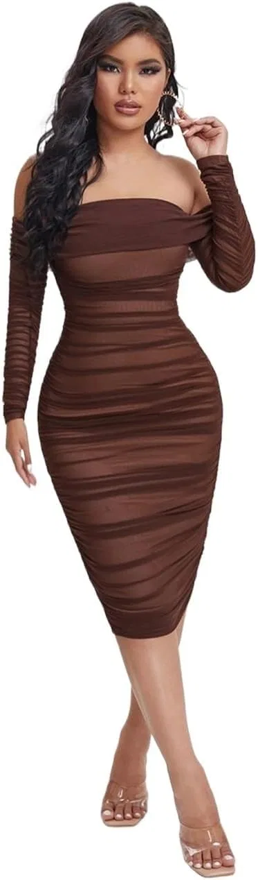 Женское повседневное миди-платье с рюшами Mesh, Chocolate Brown