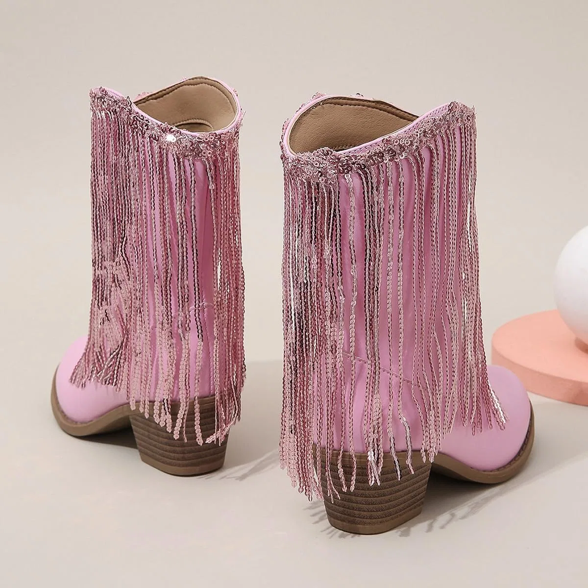 Детские зимние сапоги для девочек с кисточками и пайетками Princess Boots Auhoho, Light Pink — фото 4