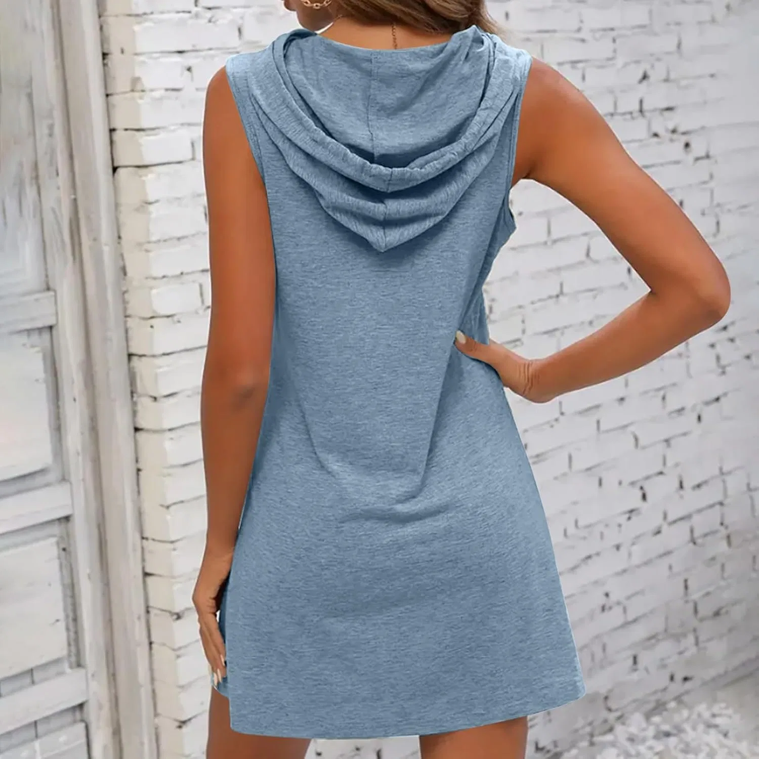 Женское повседневное платье с капюшоном, без рукавов, завязками, Cotton, Sky Blue — фото 4