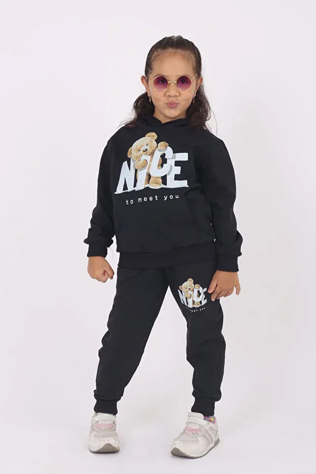 Детский комплект из футера для девочек с принтом Cute teddy bear print & hooded girls' tracksuit set Armicem, Black — фото 3