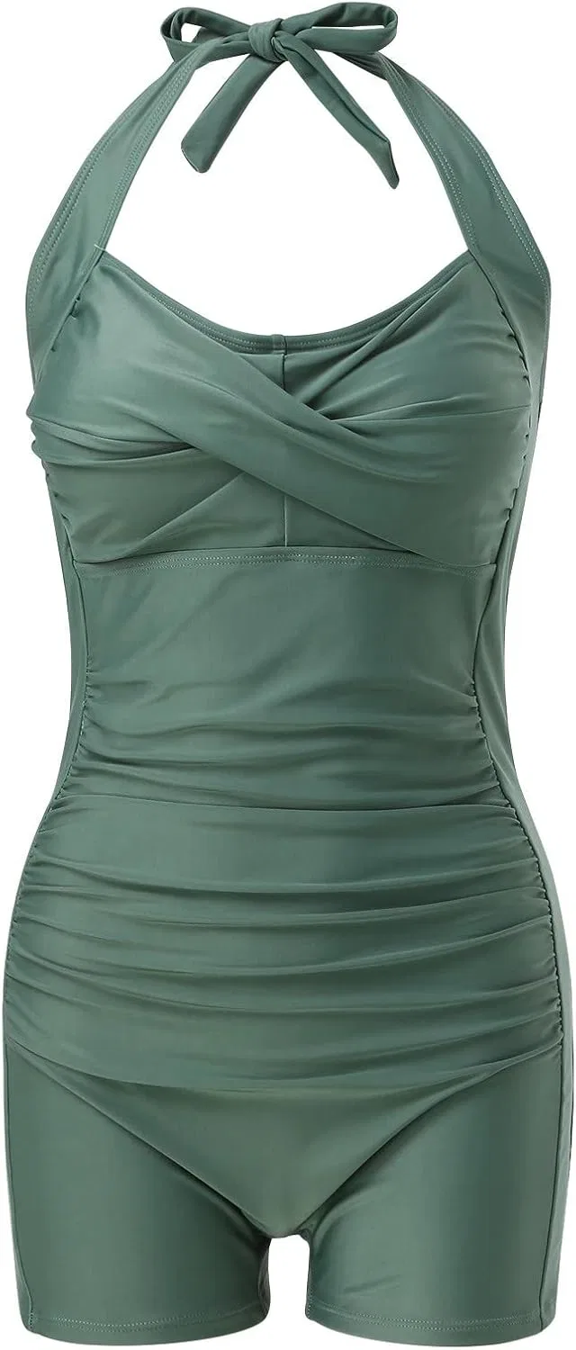Женский цельнокроеный купальник с утяжкой живота Halter, Green — фото 4