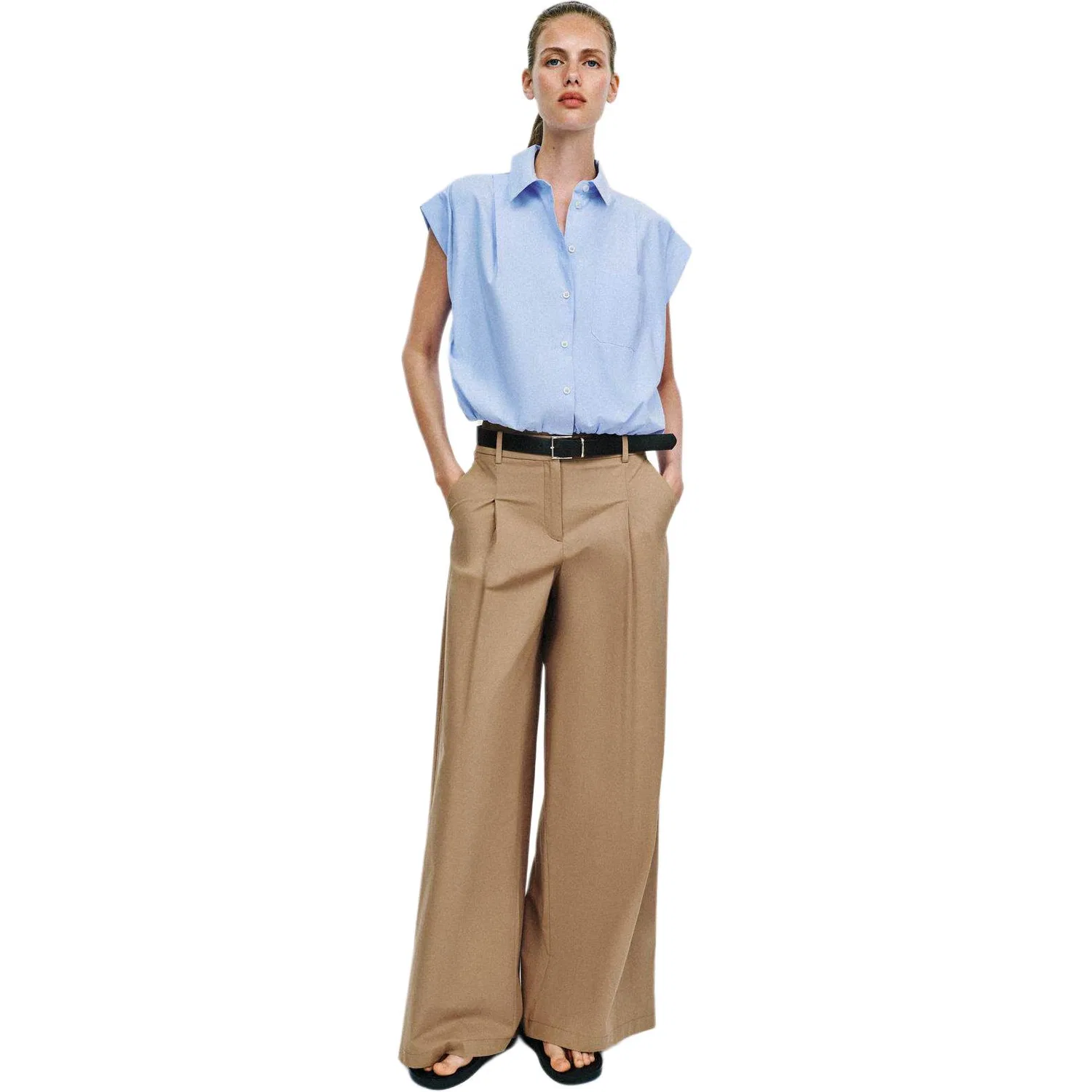 Женская рубашка с лацканами прямого кроя Light Blue ZARA, Светло-голубой — фото 4