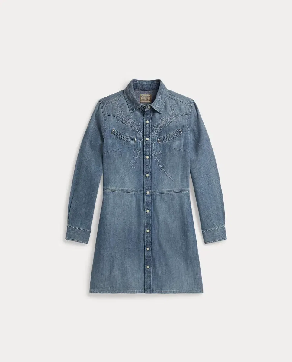 Детское платье-рубашка для девочек из денима с вышивкой Polo Ralph Lauren, Azul Índigo — фото 4