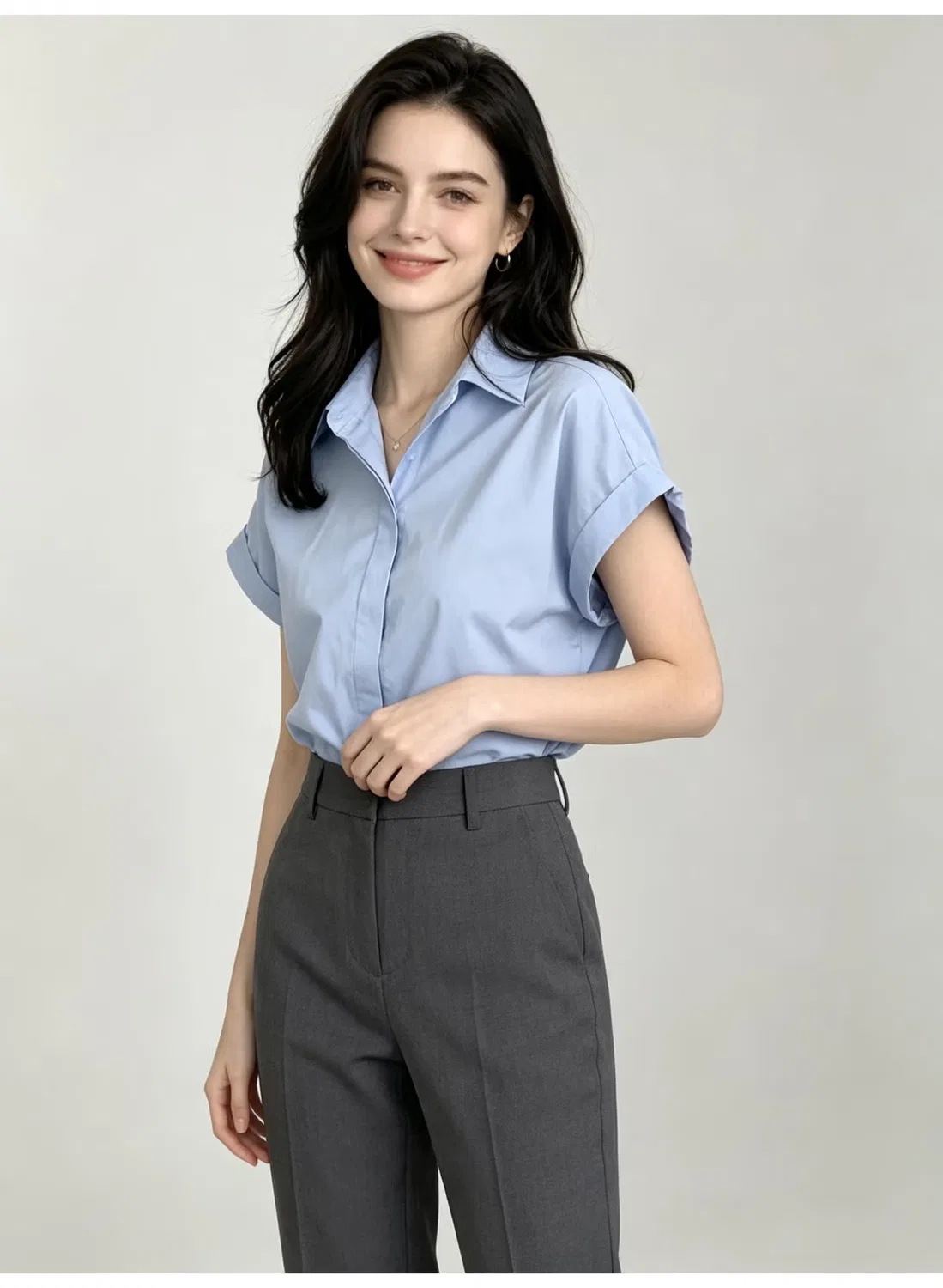 Рубашка с коротким рукавом и отложным воротником Zara, синяя