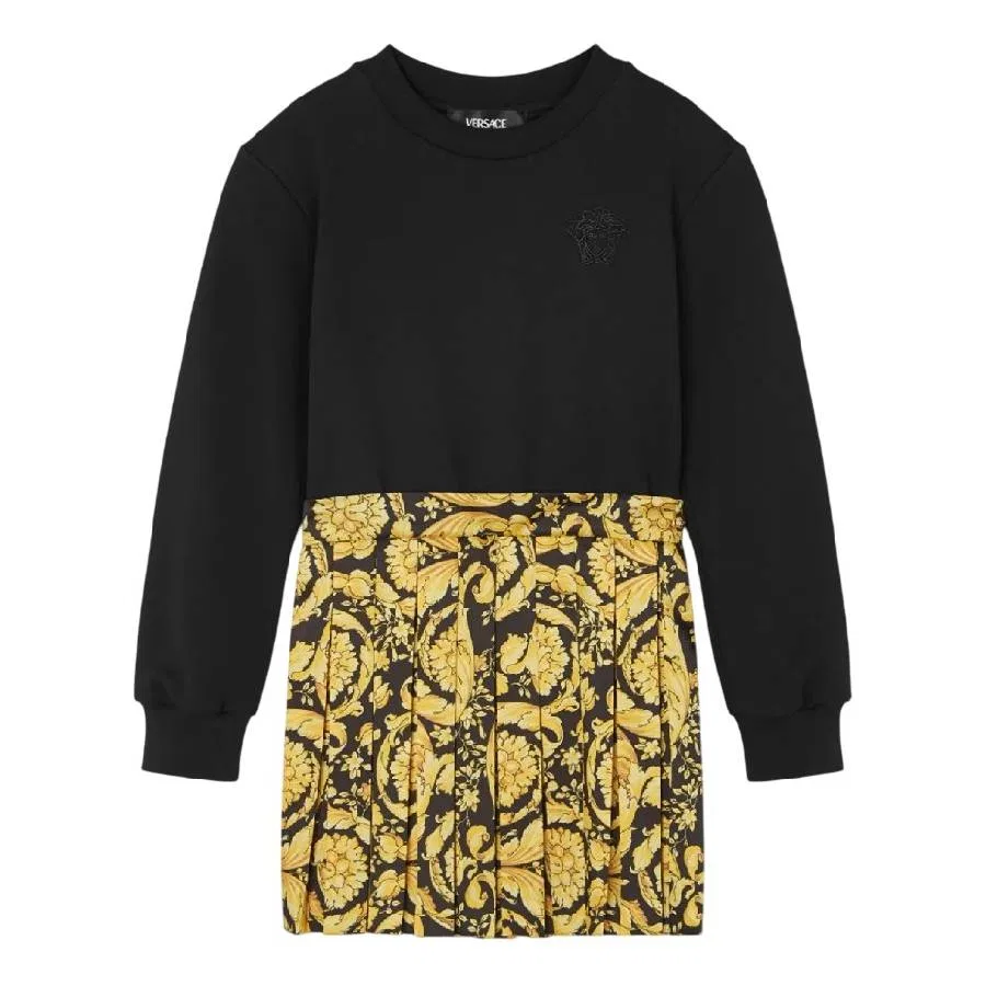 Платье с принтом Barocco Logo Print и плиссированной юбкой Young Versace, Black/Oro