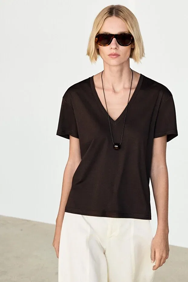 Женская футболка с V-образным вырезом Massimo Dutti, Brown — фото 3