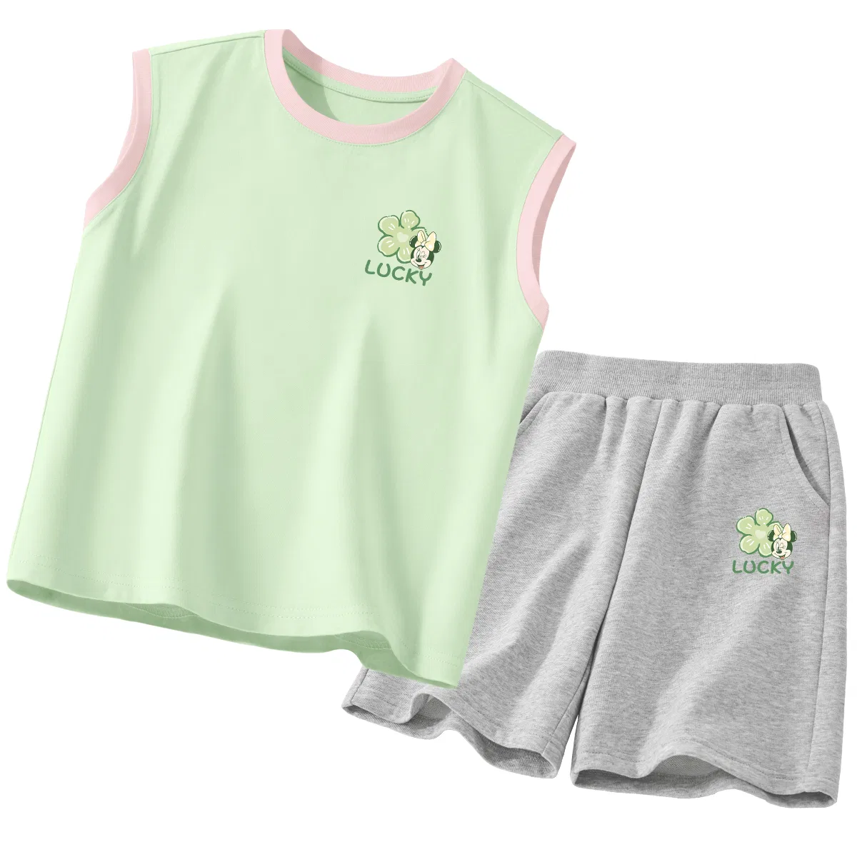 Детский спортивный костюм с круглым вырезом, тонкий, Disney, Di Lucky Clover K Pink Green+Gray