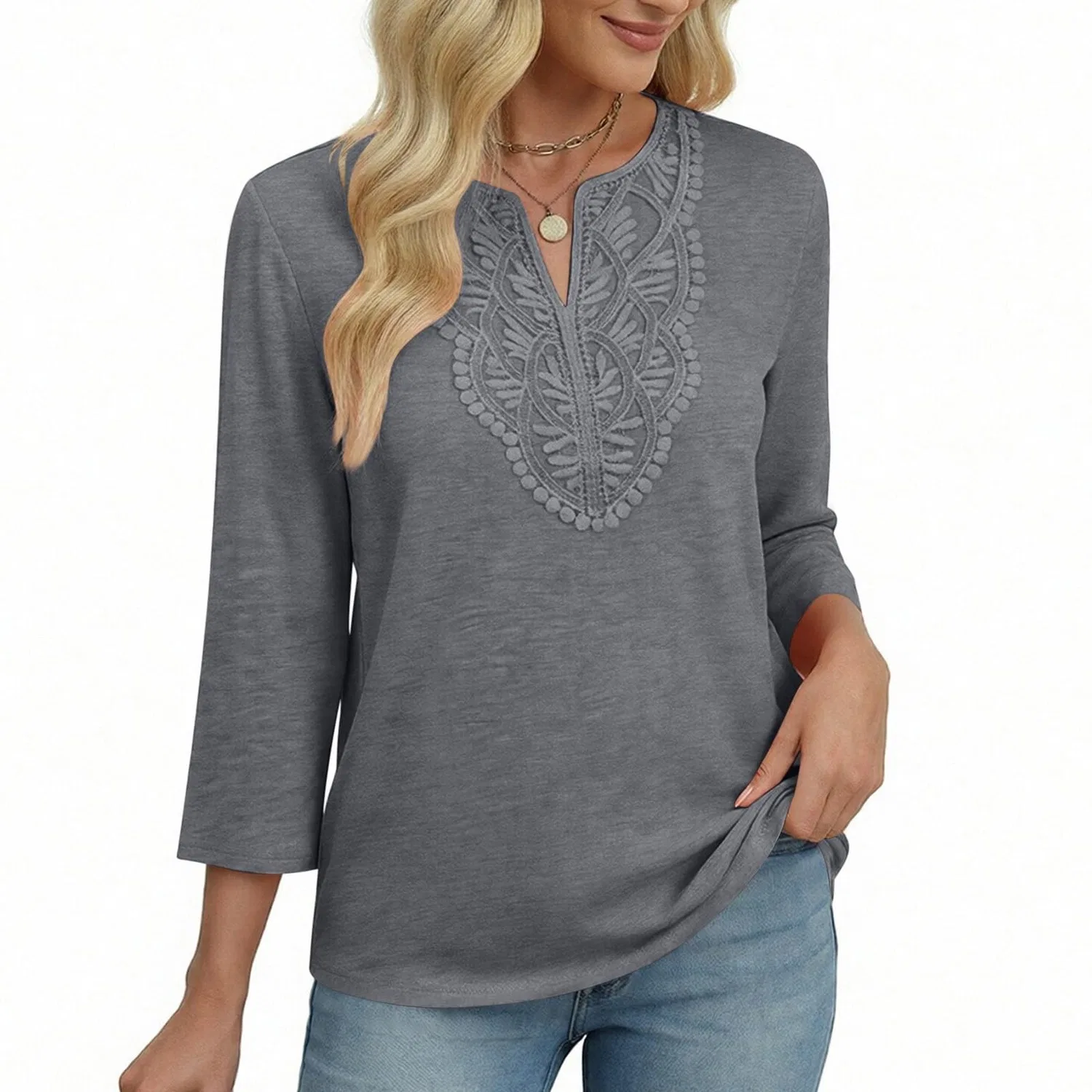 Женская льняная туника с вышивкой Retro 3/4 Sleeve Boho Casual Loose Fit Lightweight Summer Beach Blouse, C-grey — фото 4