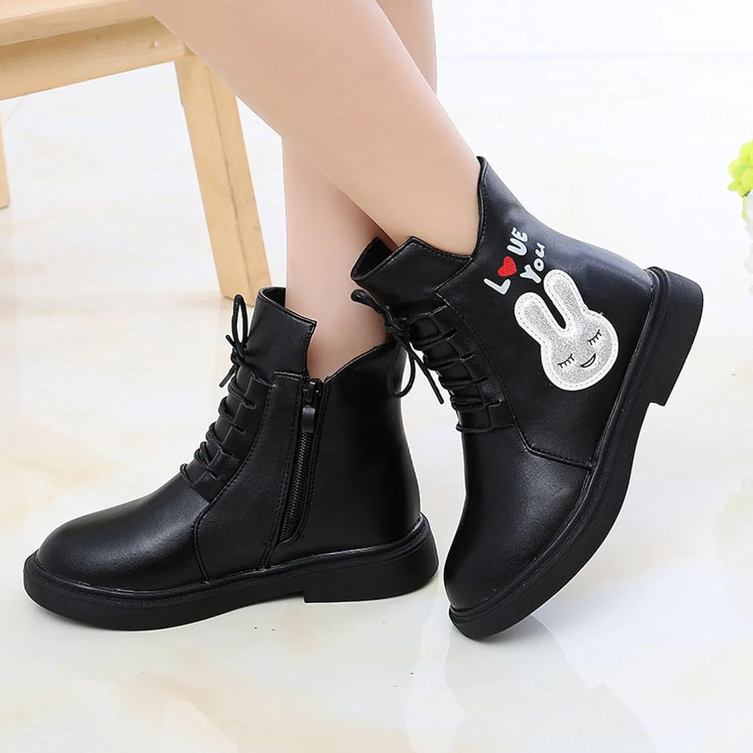 Детские ботинки для девочек с принтом кролика Combat Ankle Boots, Black — фото 2