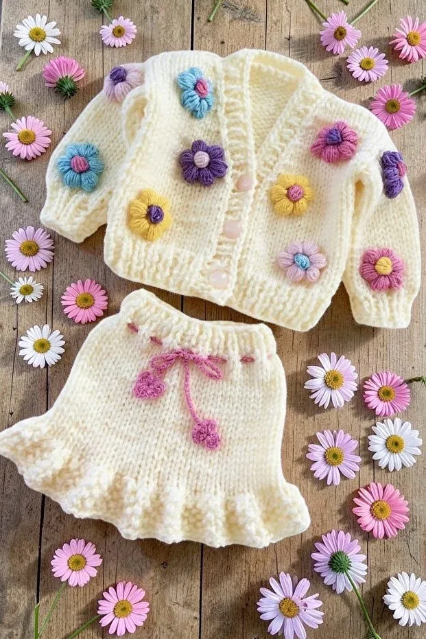 Детский комплект из кардигана и юбки с принтом ромашек El Knitted Baby/Child Daisy Double Set Barzey Crafts, Ecru — фото 2