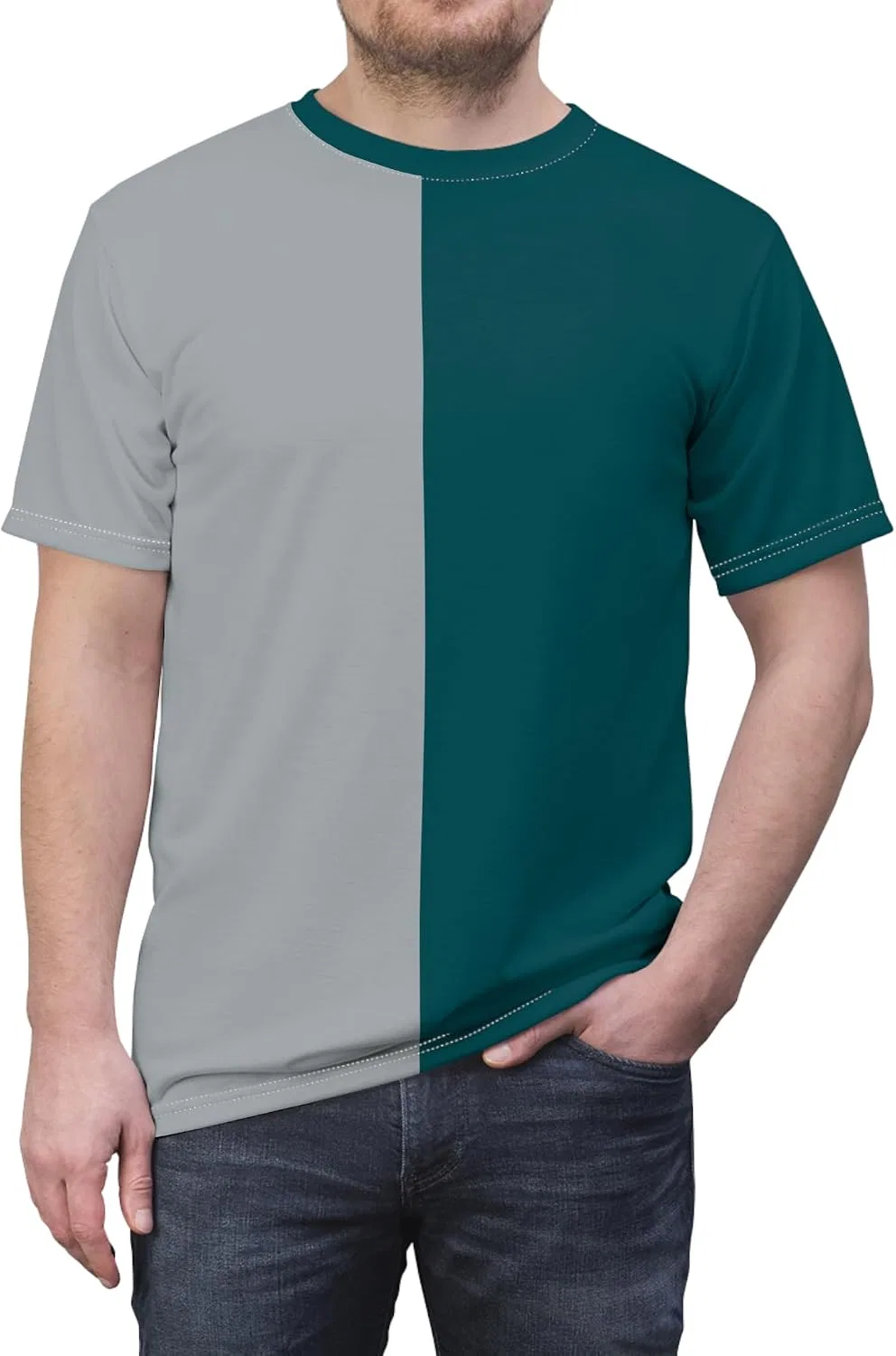 Футболка с разделением цветов Half Green and Half Gray, White Stitching