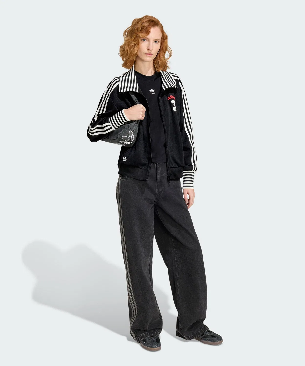 Женский джерси-топ с флисом и воротником-стойкой, модель Vintage BB TT Stripe Rib Adidas, Черный — фото 3