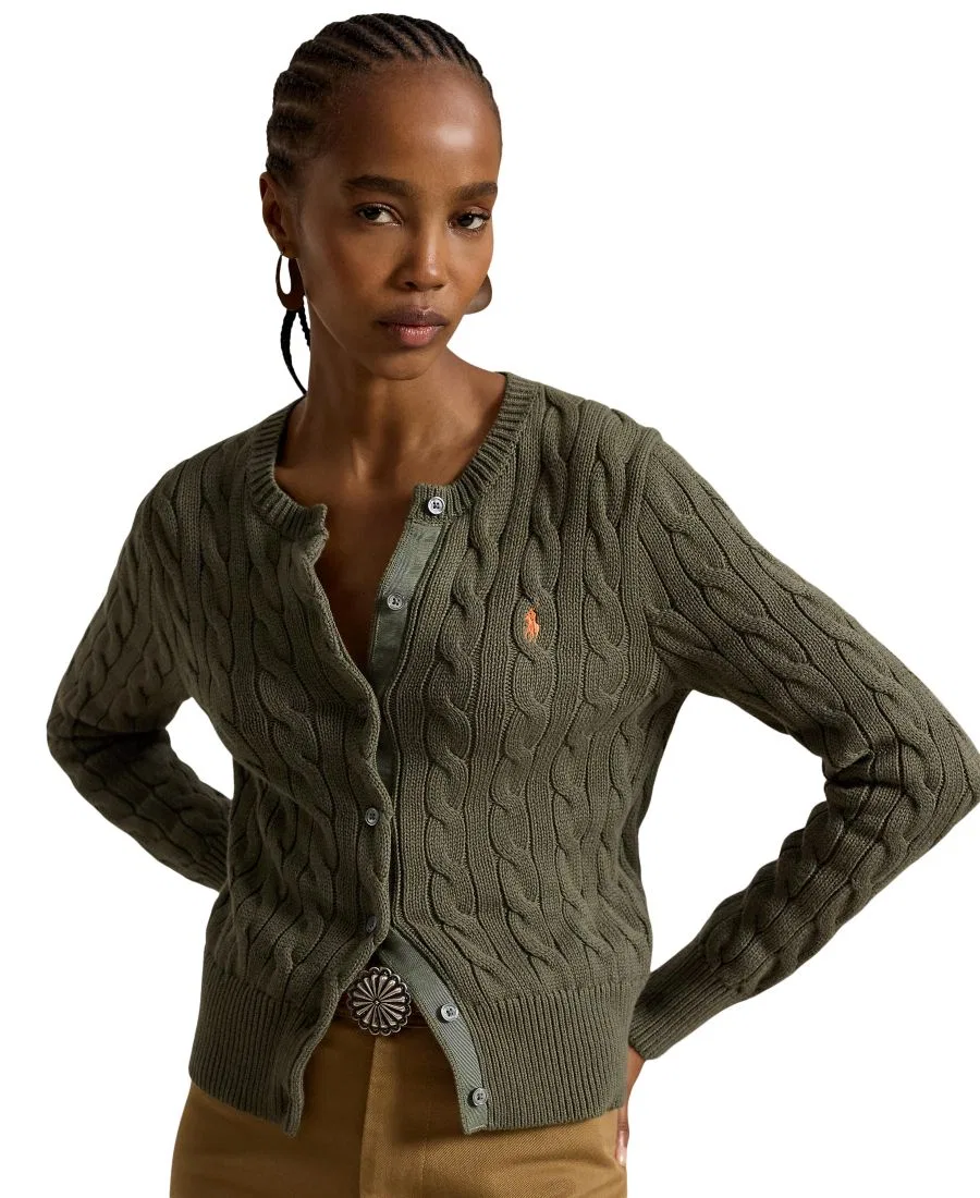 Женский кардиган с воротником-хомутом, косая вязка, хлопок Polo Ralph Lauren, Dense Olive