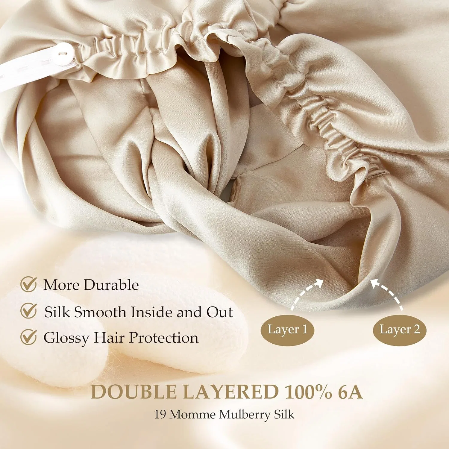 Шелковая шапочка для сна, SGMSILK, 100% тутовый шелк, 6A, двойной слой, Шампань — фото 2