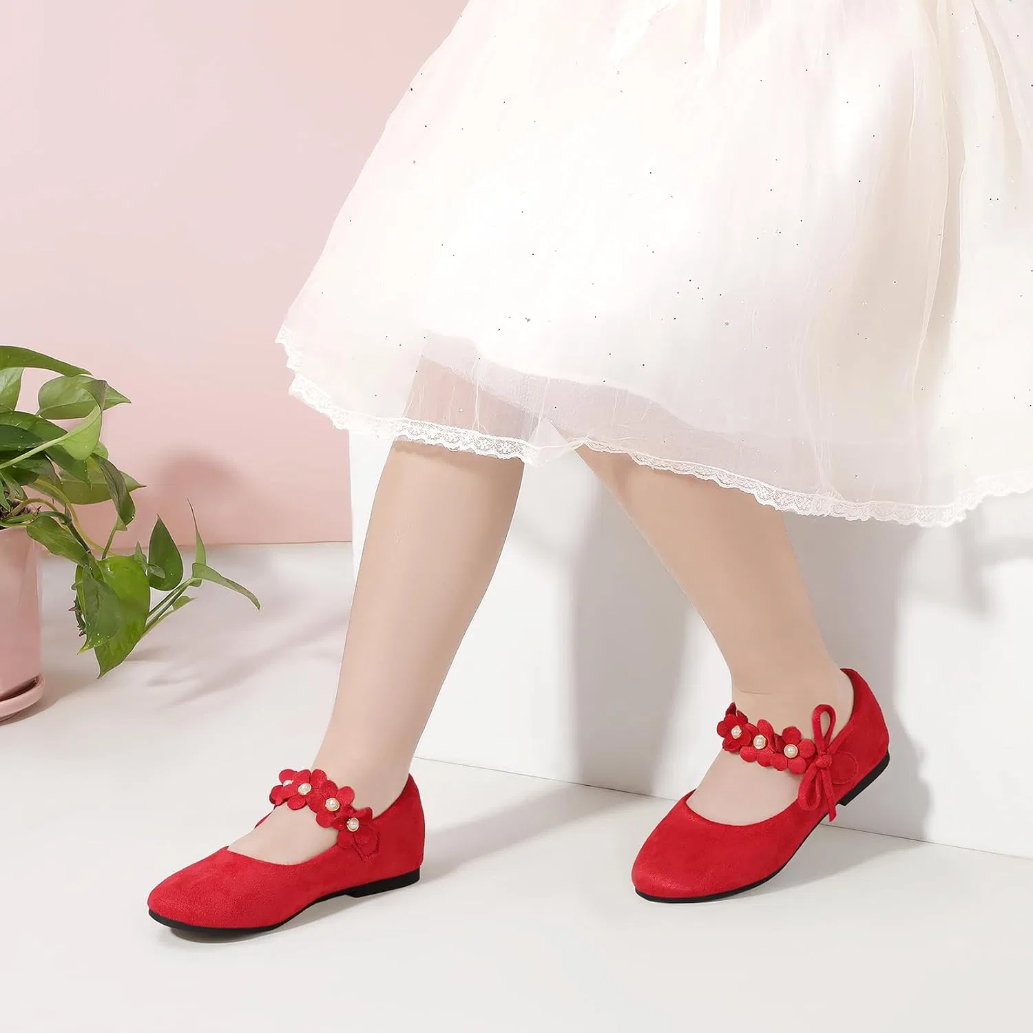Детские туфли-балетки для девочек с жемчугом PANDANINJIA, Red Suede — фото 2
