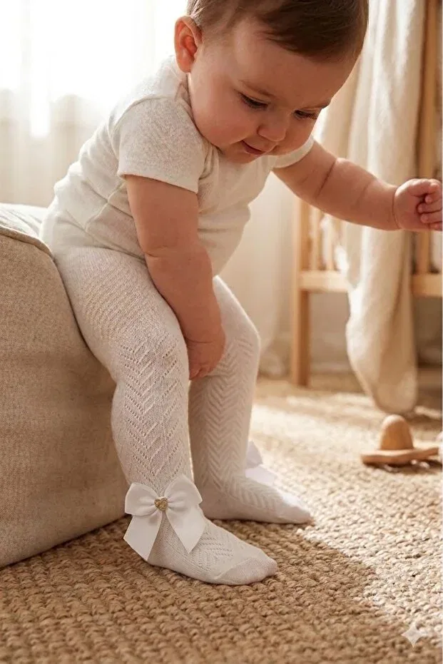 Детские колготки для девочек с принтом Pony Mesh Baby Pantyhose with Bow Detail Katamino, Nude Color