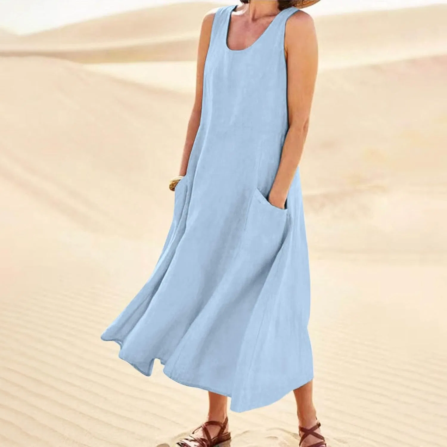 Женское летнее льняное платье макси с карманами, Light Blue — фото 2