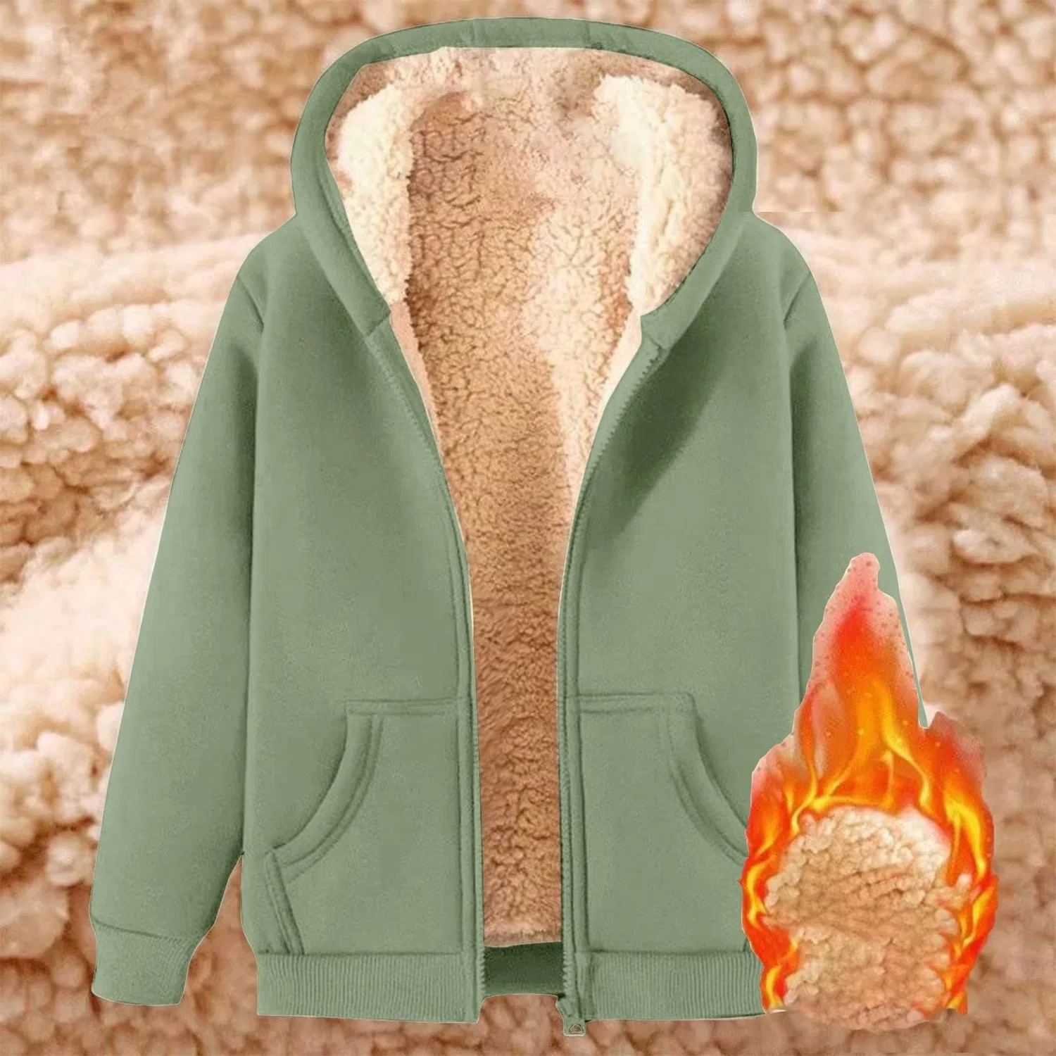 Женское худи на молнии с флисом и подкладкой из шерпы, Light Green — фото 2